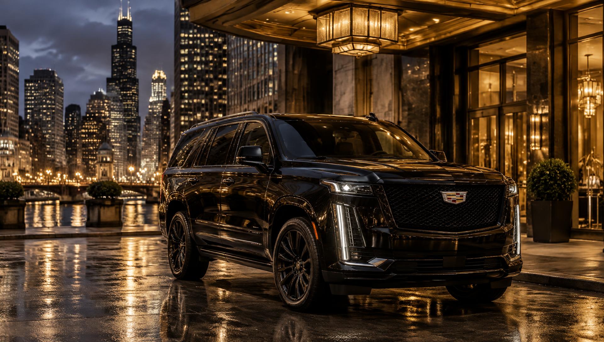 Black Cadillac Escalade at a Chicago hotel entrance with the city skyline at dusk